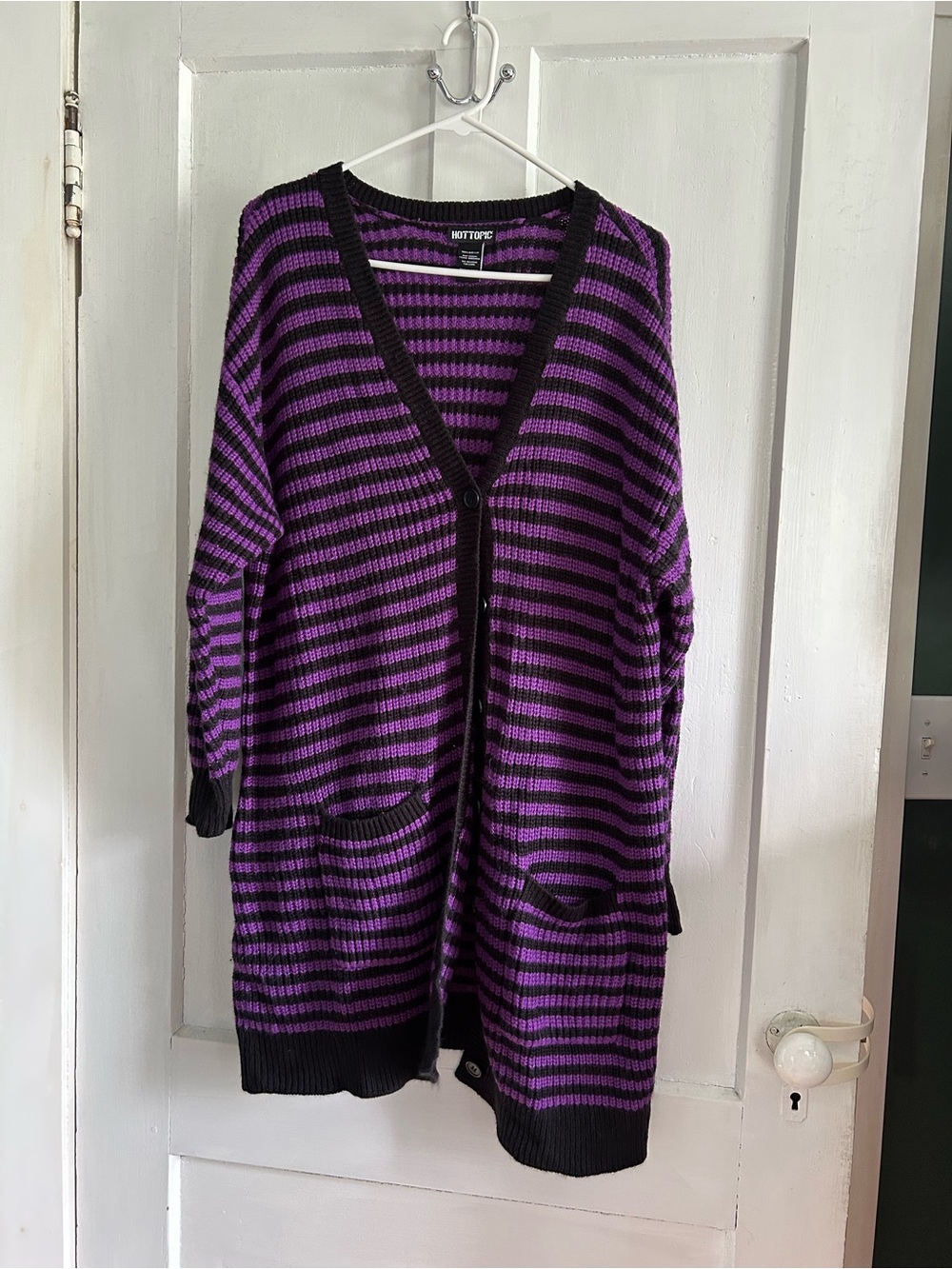 Hot Topic Purple and Black Striped Long Open Cardigan